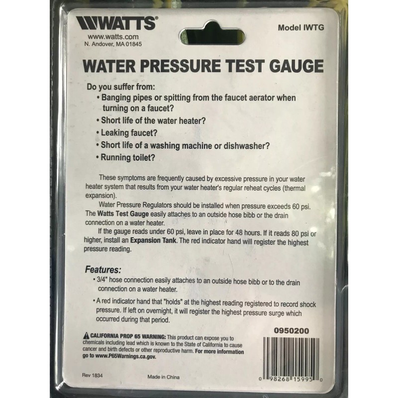 Watts Pressure Test Gauge With High Pressure Indicator Hand IWTG