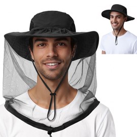 Black Fishing Hat with Hidden Mosquito Net Bug Net Bee Keeper Hats with Veil Bucket Hat for Men Women Sun Protection Hat for Outdoor Activities