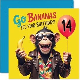 14th Birthday Cards for Girls Boys - Monkey Go Bananas It's Your Birthday! - Happy Bday Card for 14 Year Old Girl Boy Granddaughter Son Daughter Sister, 145mm Bday Greeting Cards