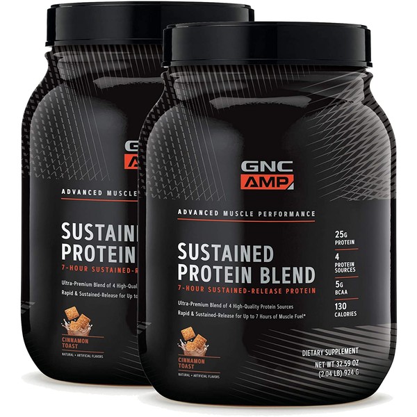 GNC AMP Sustained Protein Blend - Cinnamon Toast, Twin Pack, 28 Servings Each, 25 Grams of High-Quality Protein