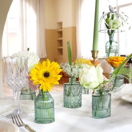 Green Glass Bud Vase Set of 22, Small Vases for Flowers, Clear Glass Vases for Centerpieces, Mini Bud Vases in Bulk Rustic Wedding Decorations, Centerpieces, Vintage Look Home Table Flower Decor