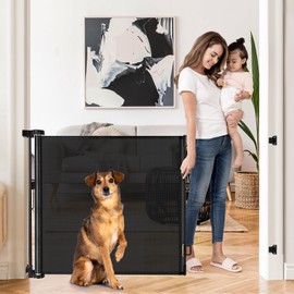 Retractable Baby Gates for Doorways 55" Wide Retractable Dog Gate for Stairs, Mesh Dog Gates for The House, Retractable Gate Outdoor Baby Gates for Decks, Child Gate Keeps Kids & Pets Contained, Black