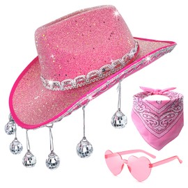 Disco Sequin Cowgirl Hat with Heart Sunglasses and Bandana, Glitter Rhinestone Disco Ball Cowboy Hat for Women Men Costume (Pink)