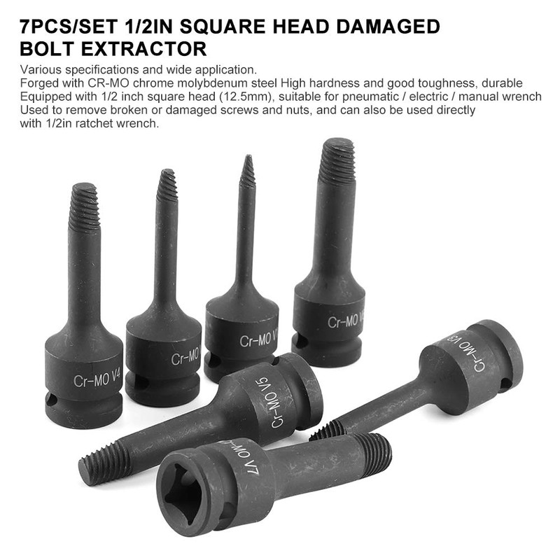 Screw Extractor Set, 7 Pieces, 1/2 Inch Square Head Screw