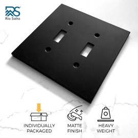 RIO SALTO Modern Metal Matte Black Double Toggle Light Switch Cover Metal Decorative Toggle Switch Covers Wall Plate Outlet Cover Black Wall Electric Outlet Socket Double Togle - Midsize 2 Gang