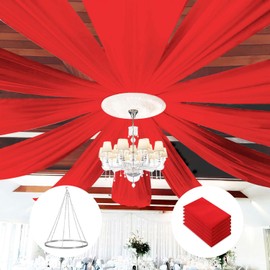FUHSY Red Ceiling Drapes Ceiling Draping Hanging Kit 6 Panels 5ft x 10ft Wedding Arch Draping Fabric for Bedroom Party Ceiling Decor with Metal Hoop Ring