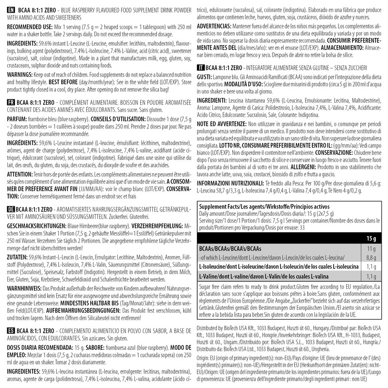 BioTechUSA Bcaa 8:1:1 Zero, Blue Raspberry, 250 g