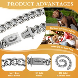 BAOBOTE 20MM Silver Dog Chain,Cuban Link Dog Collar with Design Secure Buckle,Cuban Link Strong Heavy Duty Chew Proof for Medium Dogs(20" Silver)