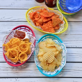 Youngever 15 Pack Plastic Fast Food Baskets, Snack Baskets for Popcorn, Chips, Snacks - 5 Assorted Colors (Oval Shape)