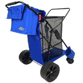 Beach Cart Deluxe Heavy Duty Folding Ocean Utility Large Sand Wheels Holds 4 Folding Chairs Umbrella Holder Removable Storage Bag – Premium Solid Blue