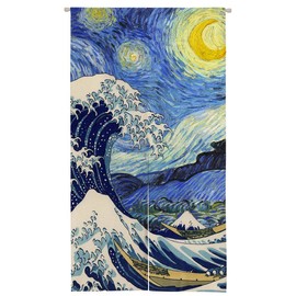 Ofat Home Japanese Noren Doorway Curtain Tapestry Window Blind, The Great Wave and Starry Night, Blue, 33.5"x 59", Customizable