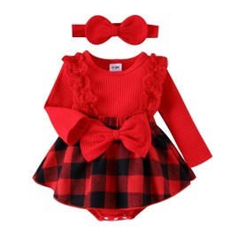 LIKPOJA Newborn Baby Girls My First Christmas Outfit Clothes Headband Infant Bodysuit Red Skirt Tartan Plaid Dress for Toddler Baby Girls Santa Romper(Red F,3-6 Months)