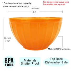 Melamine Fluted Bowls Set with Lids - 6pcs 15 oz Cereal/Prep Bowls, 6 Assorted Color | Break-resistant 100% Melamine Bowls and Plastic Lids | Dishwasher Safe, BPA Free