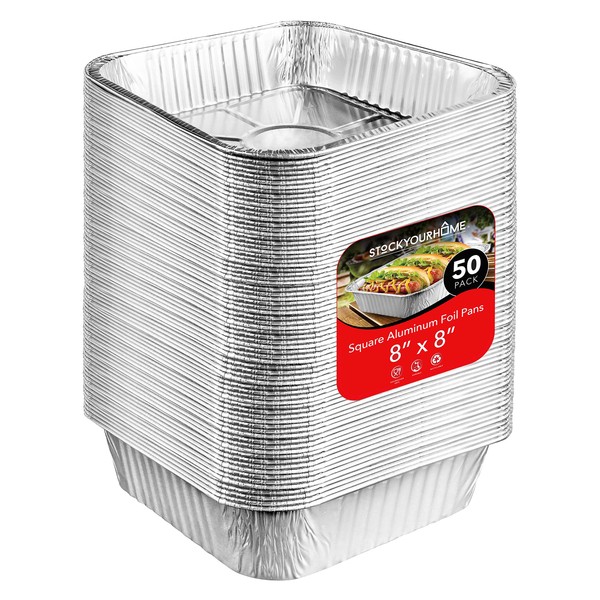 8x8 Foil Pans (50 Pack) 8 Inch Square Aluminum Pans - Foil Pans - Disposable Food Containers Great for Baking Cake, Cooking, Heating, Storing, Prepping Food
