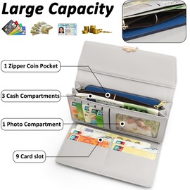 GOUNNU Women's Long Purse, Large Wallet for Women, PU Leather with 9 Card Slots, Long Purse, Women's Purse Large with Zip, Coin Compartment and Many Compartments, B-green, Modern