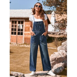 Pink Queen Womens Denim Jumpsuits Casual Summer Onesie Rompers Sleeveless Loose Baggy Overall Pants with Pockets Comfy Wide Legs Bib Long Jean Pants Dark Blue S