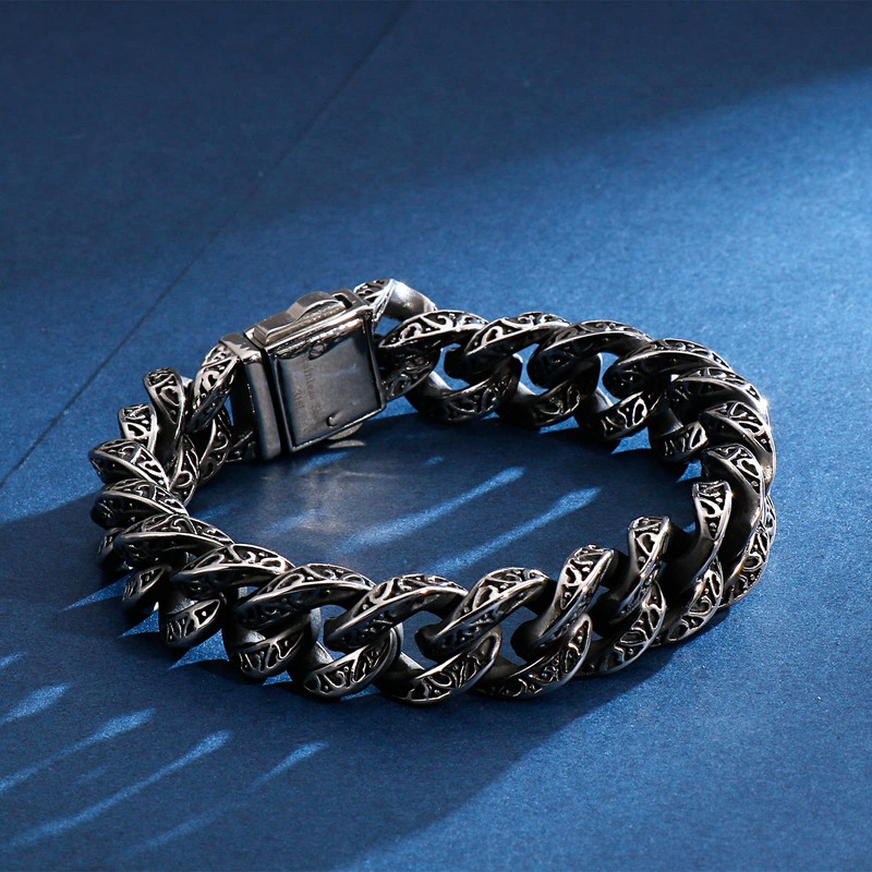 Azubpi 316 Stainless Steel Engraved Cuban Link Bracelet for Men,