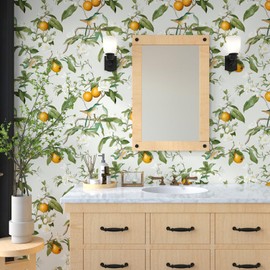 Beige Floral Wallpaper Peel and Stick, Orange/Green Bird Botanical Contact Paper 17.5in x 393.7in, Self Adhesive Waterproof Removable Vintage Wall Paper Mural for Shelves Cabinet Table Drawer Decor