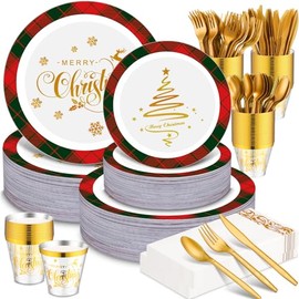 Layhit 350 Pcs Christmas Plastic Plates Set Disposable Christmas Plastic Dinnerware for 50 Guests Disposable Xmas Plates Napkins Cups Silverware for Holiday Party Supplies(Red Green)