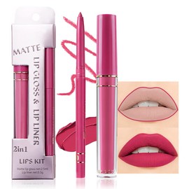 evpct 2Pcs Rose Red Pink Mauve Neutral Color Lip Liner and Matte Lipstick Makeup Sets DNM Vegan Lipstick Lip Liner and Gloss Set Lip Stain Long Lasting Waterproof 24 31#