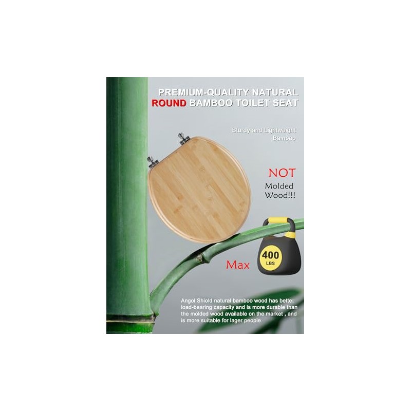 Round Bamboo Toilet Seat with Zinc Alloy Hinges, Easy to