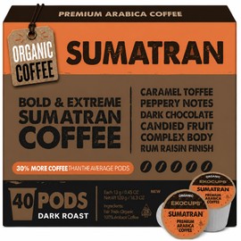 EKOCUPS Organic Sumatra Coffee Pods, Extra 30% More Coffee Per Cup, Fair Trade Dark Roast, Sumatran Reserve Blend for Keurig K Cup Machines, Recyclable Pods, 40 Count