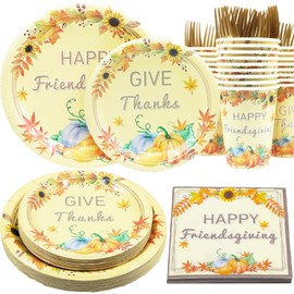 Decodinli Friendsgiving Party Supplies Serves 25, Thanksgiving Plates and Napkins Set, Fall Thanksgiving Party Decorations, Friendsgiving Party Tableware Set with Plates, Cups, Napkins and Forks