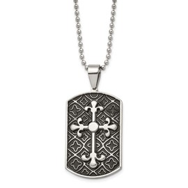 Real Stainless Steel Men's Black Enamel and Cross Dog Tag Pendant Necklace Charm Chain - with Secure Lobster Lock Clasp 22"