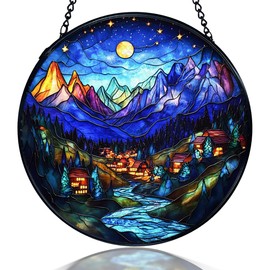 kdqua Mountain Suncatcher Stained Glass Window Hanging, Rustic Mountain Landscape Night Court Sun Catchers Indoor Window Glass Round Wall Decor, Nature Wall Art Hanging Decorations Statues, 7.9x7.9in