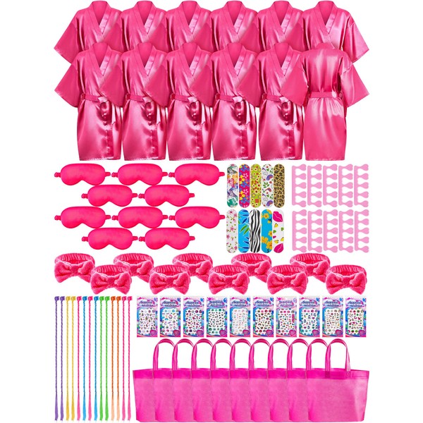 Xuhal 92 Pcs Spa Party Favors for Girls Slumber Party Supplies Kids Satin Robes Sleepover Party Supplies with Gift Bags for Girl Kids Birthday Party Supplies Gifts Total 10 Sets (Rose, 10)