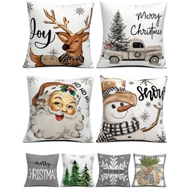 multiwins Christmas Decorations Set of 4 Double-Sided Print Christmas Pillow Covers 16" x 16", with 8 Cute Christmas Decor Patterns, Throw Pillow Covers Perfect for Christmas and Home Decor