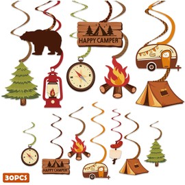 30CT Happy Camper Party Hanging Swirls Decoration Camping Kids Birthday Photo Props Ideas Tent Cutouts Adventure S'more Whirls Signs Baby Shower Favor Supplies