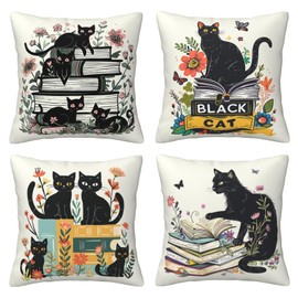 Black Cat and Books Pillows Cover Set of 4 Floral Butterfly Decor Throw Pillow Covers Cat Pillowcase Cushion Case Reading Pillow Decorative for Couch Sofa Home Office Outdoors 18x18 Inch
