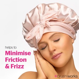 Brushworks Double Layer Satin Hair Bonnet (Ballet Pink) – Silky Sleep Cap with Stretchy Tie Ribbon Band for Frizz-Free, Smooth Hair – Prevents Breakage, Protects Curls and Retains Moisture