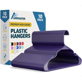 Lifemaster Plastic Clothes Hangers – Heavy Duty Hanger Set, for Organizing Clothes, Dresses, and Coat, Holds Up to 5 lbs, Space-Saving Hangers with Non-Slip Shoulder Grooves, Pack of 10, Purple