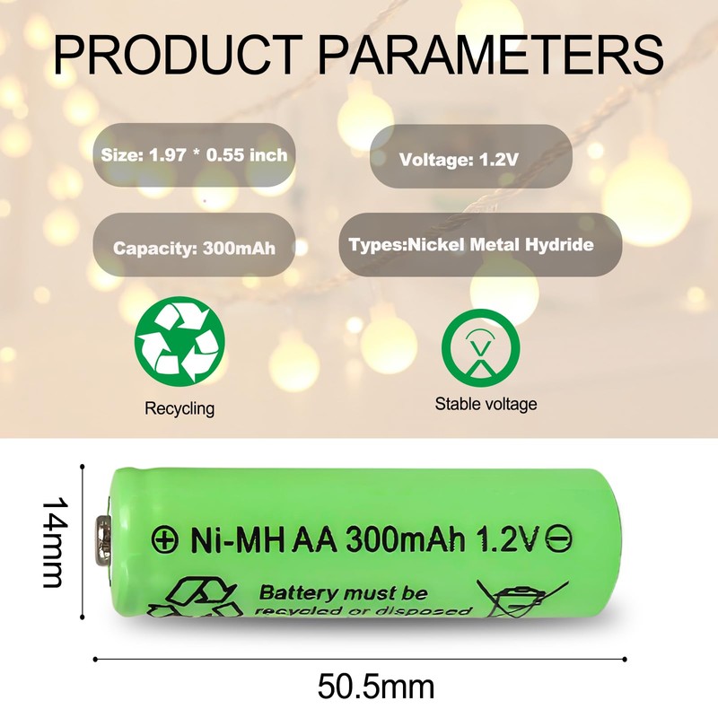 Ni-Mh AA 300mAh 1.2V Solar Light Rechargable Batteries 10 Pack,1.2