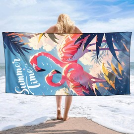 YISUMEI Microfibre Beach Towel Printed with Summer Flamingos, Soft, Lightweight, Sandproof, Quick-Drying Towel, Plus Size XXL, 180 x 90 cm