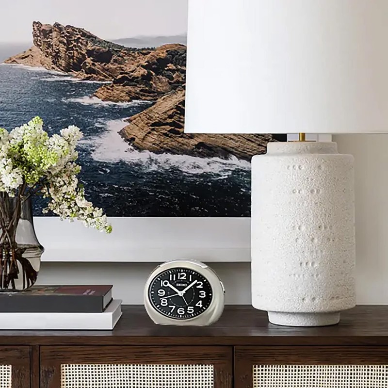 Seiko QHE193NLH Oval Non Ticking Bedroom Alarm Clock, Metallic Gray,