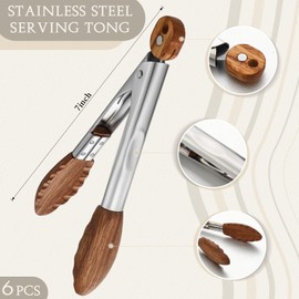 Honeydak 6 Pcs Walnut Wooden Kitchen Tongs 7 Inch Kitchen Stainless Steel Salad Tongs with Walnut Wood Tip Cooking Utensils Set for Serving Food Grilling Buffet Wedding Party Vintage Style Tableware