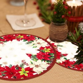Arquiel Christmas Round Placemats Set of 4, 14 Inch Red Floral Double Layer Washable Heat Resistant Cloth Placemats,Non Slip Indoor Outdoor Table Place Mats for Dining Kitchen Party Decoration