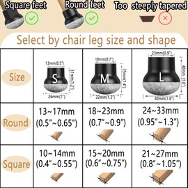 Chair Leg Floor Protectors - Fits Straight & Splayed Legs (Round Ø18-23mm / Square W15-20mm) - Prevent Scratches & Reduce Noise(16PCS M)