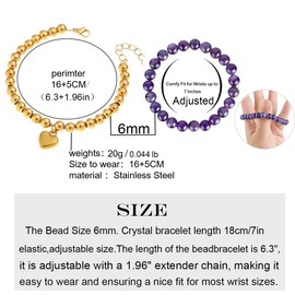 XOLIZHANGU Beaded Bracelets for Women, 6mm Gold Beaded Bracelets and Healing Crystal Bracelet, Protection Bracelets for Women, Love Heart Charms Bracelet (Golden, B)