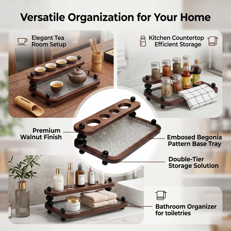 2 Pack 11.2 Inch Wood Riser Decorative Tray - Double