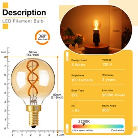 Genixgreen Dimmable LED Candelabra Bulb,Amber E12 LED Bulb Decorative Light Bulbs Antique Style G16.5 Filament for Chandelier Ceiling Fan,25 Watt Equal 3W,Soft White 2200K,180LM,6 Pack