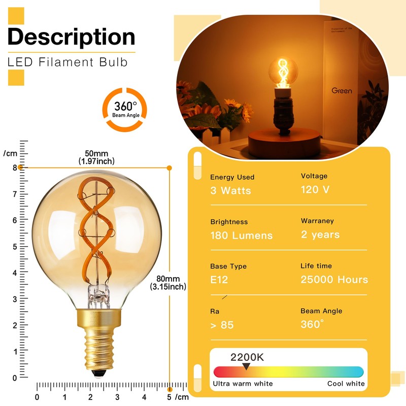 Genixgreen Dimmable LED Candelabra Bulb,Amber E12 LED Bulb Decorative Light