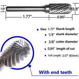 KOTVTM Carbide Burr SC-3 Die Grinder Bits Tungsten Double Cut Burr Bits (3/8" Cutter Dia X 0.80" Cutter Length) with 1/4" (6.35mm) Shank for Die Grinder Bits Metal Grinding Drilling Polishing (5pcs)