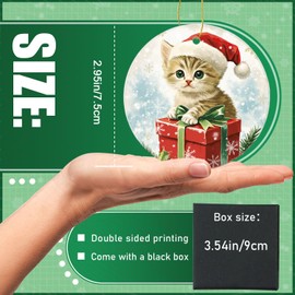 Round Christmas Ornaments Ceramic Christmas Tree Ornaments Double-Sided Home Decor 2.95In with Box for Indoor,Christmas Cat in Santa Hat