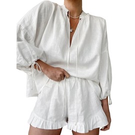 Felcia Women's Summer Shorts Outfits Long Sleeve Tie-Up V-Neck Shirts Tops Elastic Waist Shorts 2 Pieces Clothes Set (A-White, L)