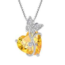 FJ Heart Citrine Necklace - November Birthstone Pendant for Women, 925 Sterling Silver Butterfly Jewelry - Gifts for Mom, Wife, Girls, Her