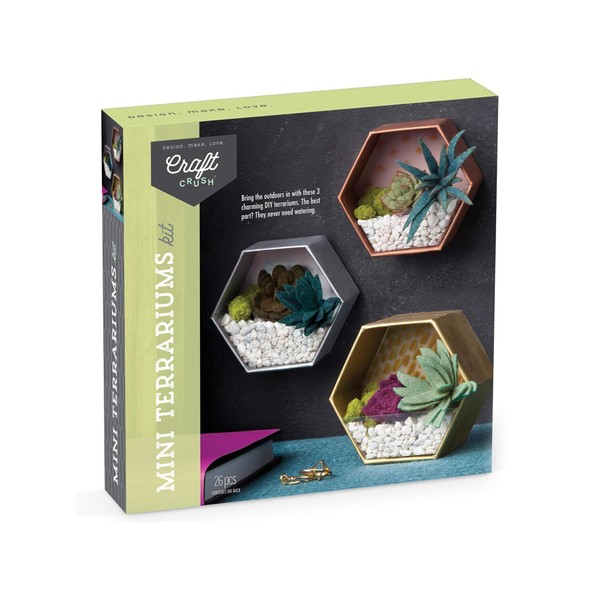 Mini Faux Plant Terrarium Kit for Kids, Teens & Adults - 3 Geometric Terrariums - Home Decor Mini Plants with Colorful Felt Succulents, Pebbles, Faux Turf & Rocks - Decoration for Wall, Desk & Office